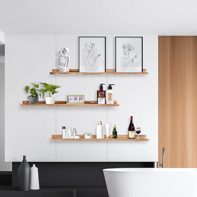 AZSKY Picture Ledge Shelf Wall Ledge Floating Shelves for Photo Frames Kids Book Shelves Wall Mounted Burnt Wall Display Shelf Wooden Frame Ledge 48 Inches Set of 3 Bathroom Organizer Shelves-Ruum Studio Home