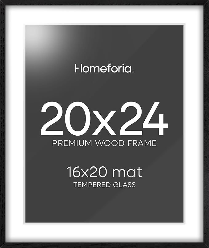 Homeforia Black Wood Frame 20x24, High End Oak 20x24 Wooden Picture Frames with Mat 16x20 Photo, 20 x 24 Poster Frame Matted to 16 by 20 Print, 24x20 Hanging Frames, Tempered Glass, Wall Kit, Set of 1-Ruum Studio Home