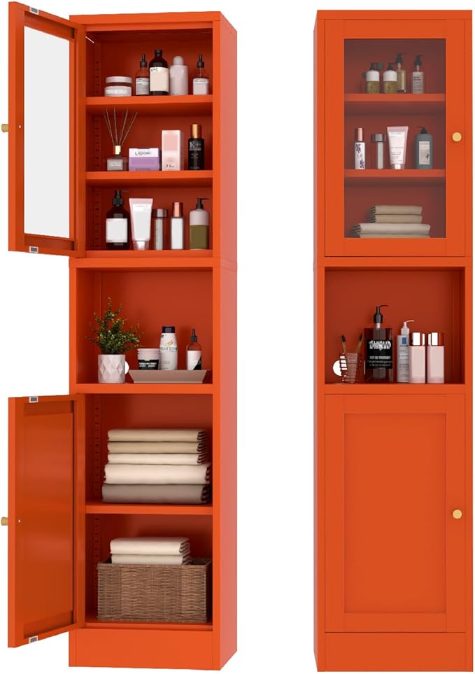 67" Tall Bathroom Storage Cabinet, Narrow Metal Floor Cabinet with Glass Door and Adjustable Shelves, Freestanding Metal Locker for Laundry, Kitchen, Dining Room-Ruum Studio Home