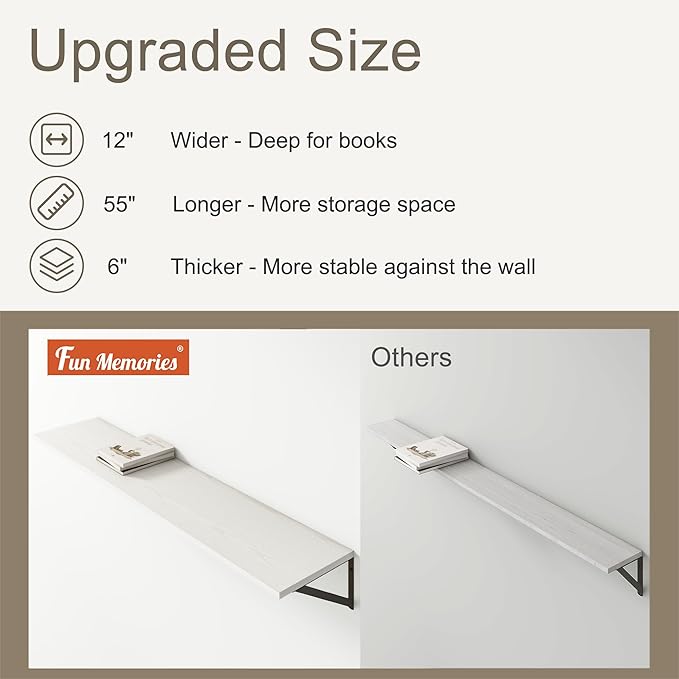 Fun Memories Deep Floating Shelves, 55W x 12D Floating Shelves for Wall, Wood White Floating Shelf with Bracket, Wide Display & Storage Wall Shelves for Living Room, Bedroom,-Ruum Studio Home