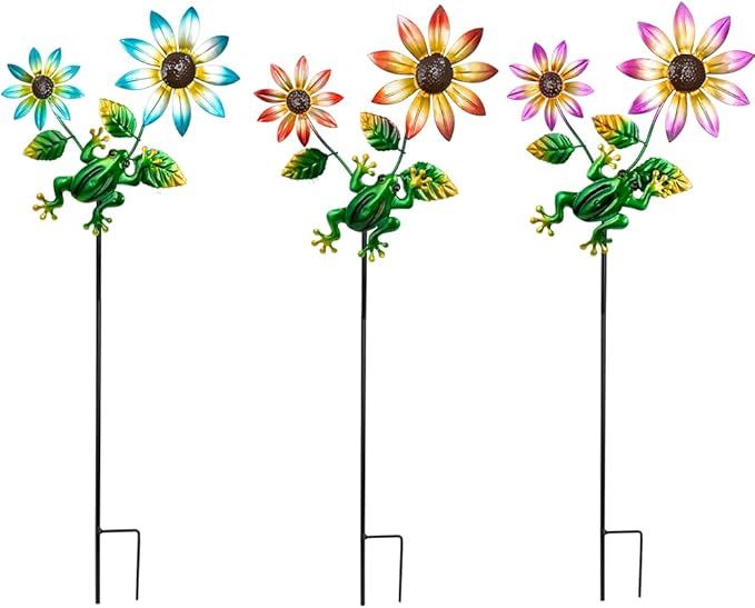 3 Pack Frog＆Flowers Garden Stakes Decor,Metal Yard Art Decorative Garden Stakes,Metal Flowers Spring Outdoor Decor for Mom,Women,Grandma-Ruum Studio Home
