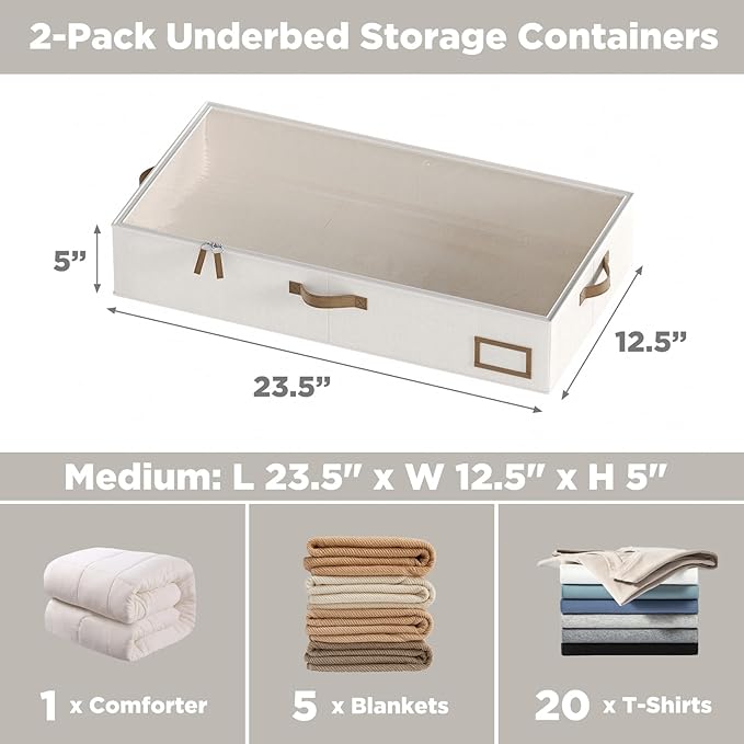Under Bed Storage Containers, 2-Pack Underbed Storage Box, Collapsible Clothes Storage Bins with Handles and Lid, Medium Under Bed Organizers for Shoe, Blanket, Toy, Pillow, Sheet, Beige-Ruum Studio Home