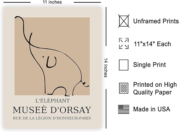 Poster Master Vintage Poster - Retro Elephant Print - Line Drawing Art - Sketch Wall Art - Gift for Boys & Girls - Cute Wall Decor for Bedroom, Kid's Room or Nursery - 11x14 UNFRAMED Wall Art-Ruum Studio Home