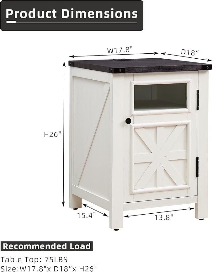 JXQTLINGMU Farmhouse End Table with Charging Station, 18'' Rustic Nightstand with Barn Door & Adjustable Shelf, Wooden Sofa Side Table with 3-Tier Storage for Living Room, Bedroom, White-Ruum Studio Home