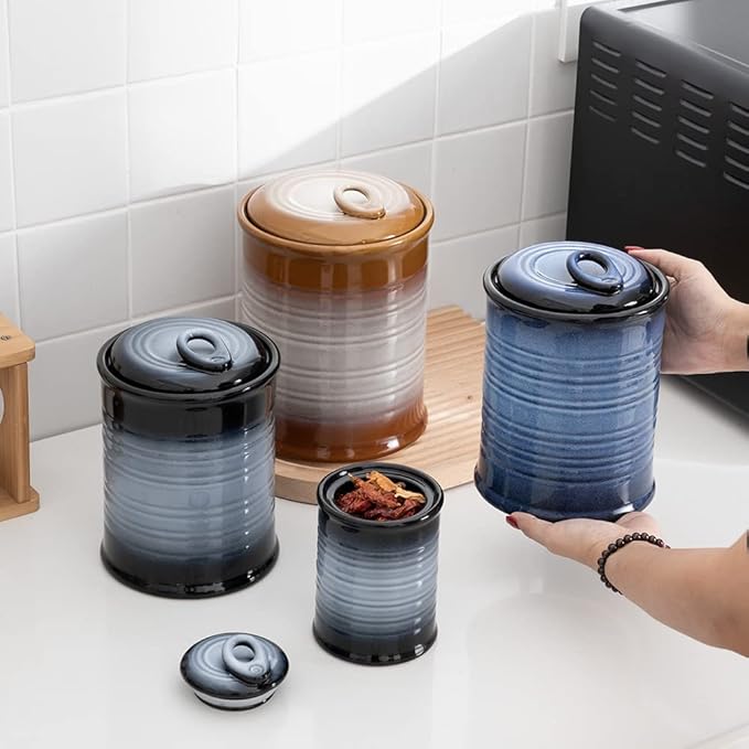 Nihow Ceramic Food Storage Jar Sets: Container with Air Tight Ceramic Lid for Flour/Sugar/Rice/Coffee/Cookies/Candy - Seal Damp-proof Canister for The Kitchen - Set of 3 （Gray）-Ruum Studio Home