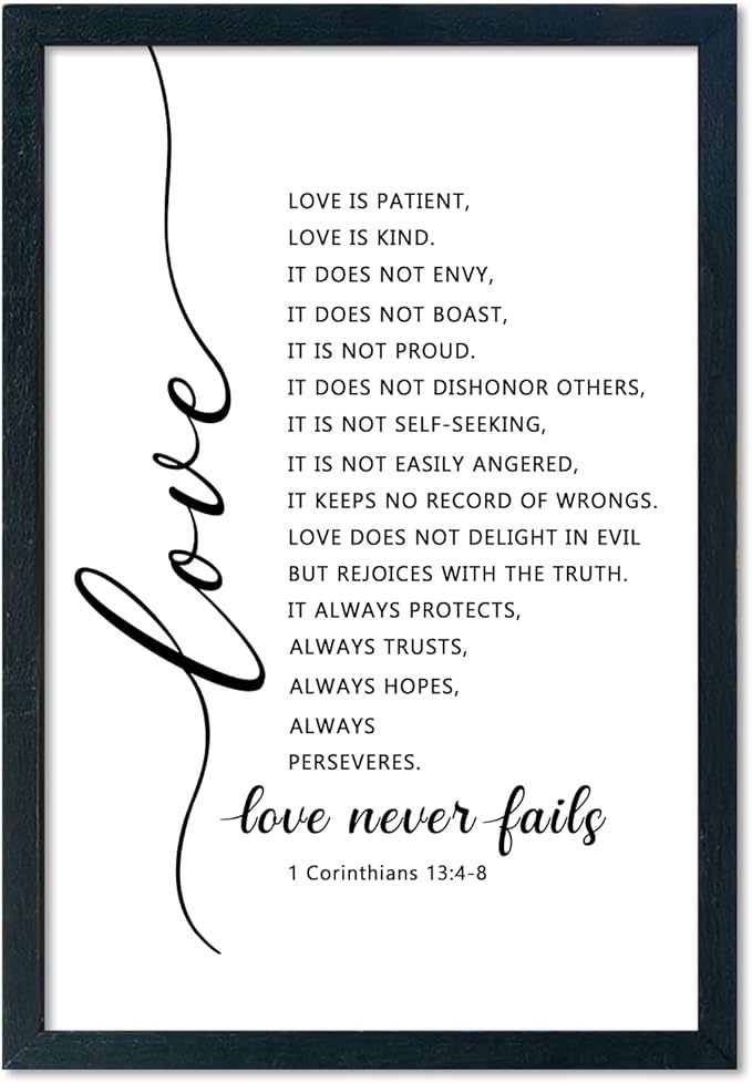 LuZhiQiang Love Is Patient Kind Wall Art 16"×11" Love Never Fails Sign 1 Corinthians 13 Bible Verse Wood Framed Wall Hanging Decor (Black)-Ruum Studio Home
