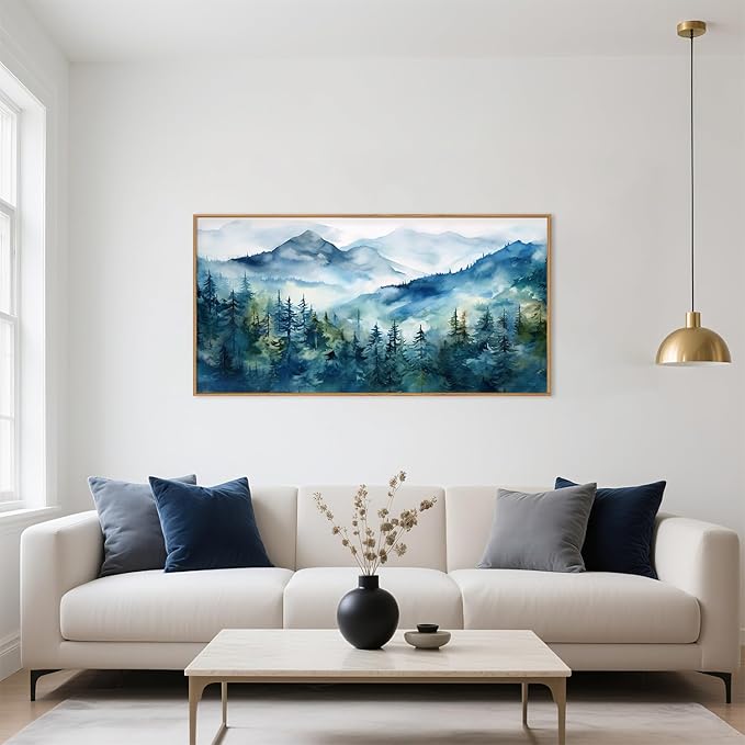 Celestdeco Blue Ridge Mountains Forest Framed Canvas Wall Art Set, Natural Landscape Wall Decor, Green Pine Trees Wall Painting, Woodland Artworks for Living Room, Bedroom, Dining Room - 20"x40"-Ruum Studio Home