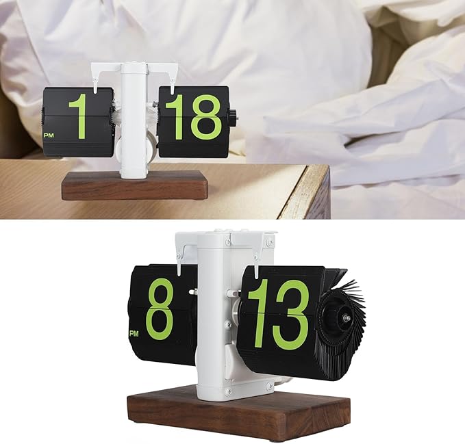 Flip Desk Clock, Retro Vintage Flip Desk Table Clock, Digital Clock Sided Large Numbers Mechanical Flip Clock Wood Base for Living Room, Study Room and Office（Frosted White）-Ruum Studio Home