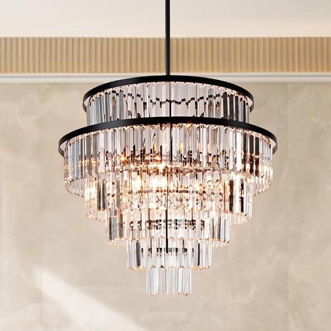 Luxury 6-Tier Round K9 Crystal Chandelier, Black Finish 26 Inch Diam Ceiling Light, Classic Elegant Chandelier with Crystal Piece, Lighting Fixture for Hallway, Bedroom, Living Room-Ruum Studio Home
