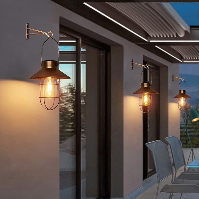 pearlstar Solar Lanterns Outdoor Metal Solar Powered Hanging Lights Waterproof for Barn Wall Yard Garden Patio Garage Balcony Porch Fence Decor, Warm White Edison Bulb (Copper-2pack)-Ruum Studio Home