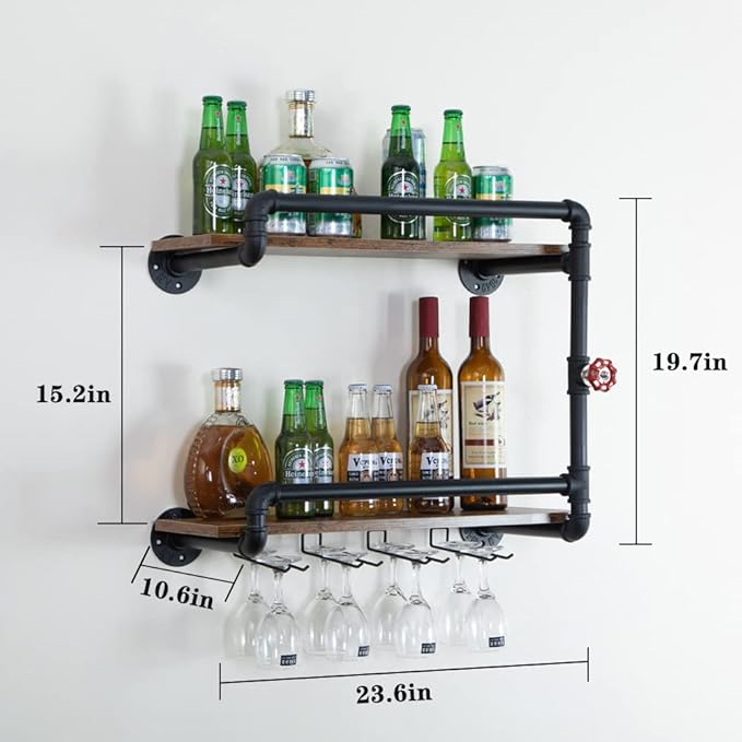 Wine Rack Wall Mounted 2 Tier, Hanging Floating Small Mini Bar Liquor Shelves with Glass Holder Storage Under, Industrial Rustic Pipe Farmhouse Kitchen Decor Black(23.6x10.6x19.7)-Ruum Studio Home