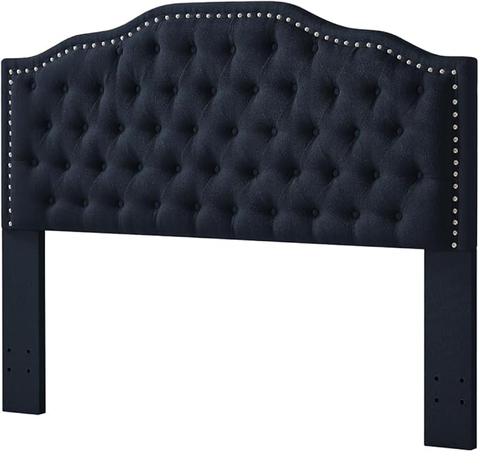 24KF Upholstered Button Tufted Queen Headboard with Nailhead Trim, Elegant Boucle Fabric Full headboard, 6031-Q-Boucle-Navy-Ruum Studio Home