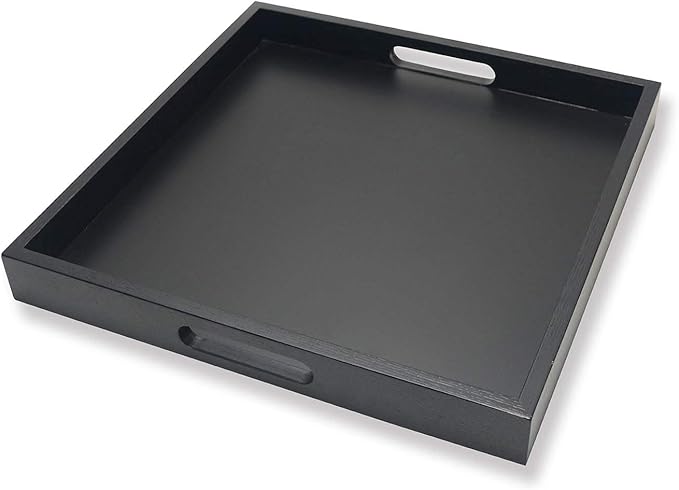 Square Wood Serving Tray with Handle, Ottoman Decorative for Home, 16x16 inches Black-Ruum Studio Home