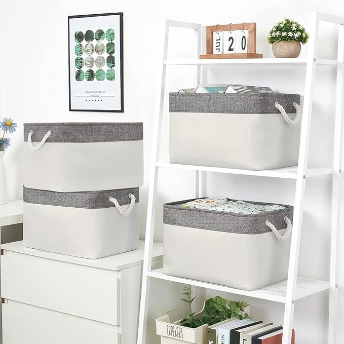 Organization and Storage Bins for Shelves - Large 4 Pack 16x12x8 inch Collapsible Storage Basket for Organizing, Fabric Storage Cubes for Box Closet Cloth Toy Nursery Books Kids (Grey & White)-Ruum Studio Home