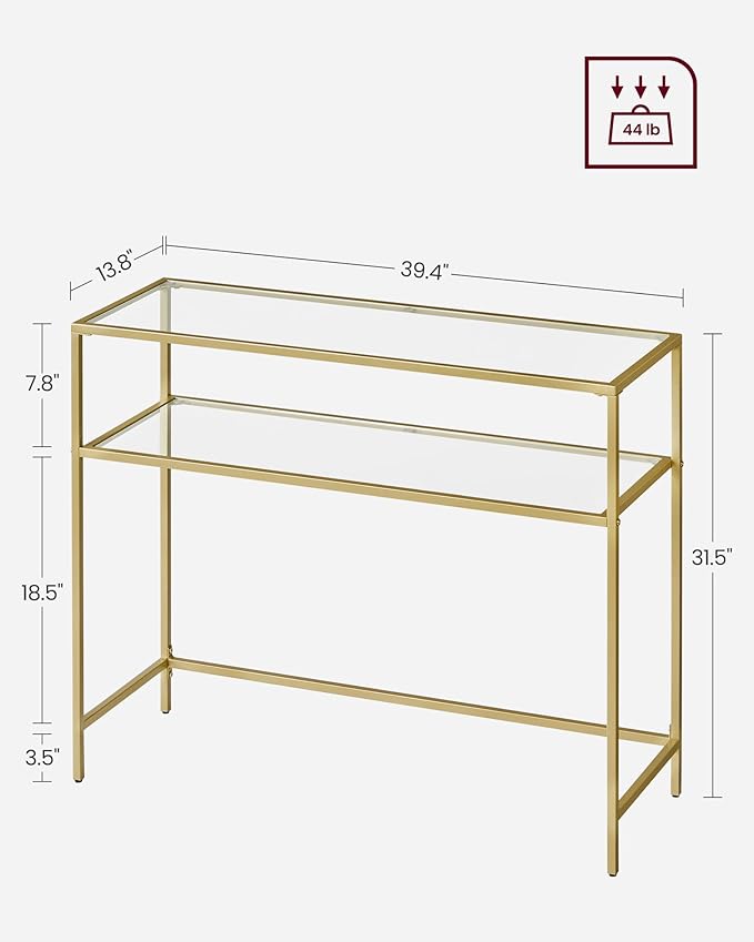 VASAGLE 39.4 Inch Console Sofa Table, Modern Entryway Table, Tempered Glass Table, Metal Frame, 2 Shelves, Adjustable Feet, for Living Room, Hallway, Gold Color ULGT025A01-Ruum Studio Home