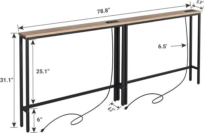 ELYKEN 2 Pack 5.9" Narrow Console Sofa Table with Power Outlets, 5.9" Dx39.4 Wx31.1 H Long Couch Table with Metal Frame and Charge Station with 6.5’ Extension Cord, White Oak-Ruum Studio Home