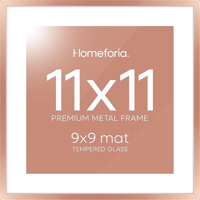 Homeforia 11x11 Rose Gold Picture Frame, High End Metal 11 by 11 Square Frames with Mat 9 x 9 Photo, 11by11 Poster Frame Matted to 9x9 inch Art, Wall Hanging Frames, Tempered Glass, Wall Kit, Set of 1-Ruum Studio Home
