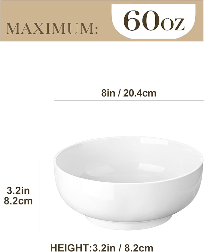 MALACASA Large Serving Bowls - 60 OZ (8") Salad Bowls Set of 2, White Mixing Bowls for Kitchen, Soup, Pasta and Dinner, Large Salad Bowls Set, Dishwasher & Oven Safe, Series REGULAR-Ruum Studio Home