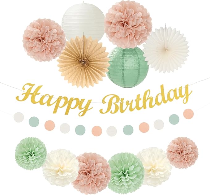 Sage-Green Blush-Pink Birthday Garland Party-Decorations - 14pcs Happy Banner 21st Spring Paper Flowers Lanterns Beige Tissue Pom Poms,Boho Streamers Fans,Neutral Rustic Hanging Supplies Decor Hugfond-Ruum Studio Home
