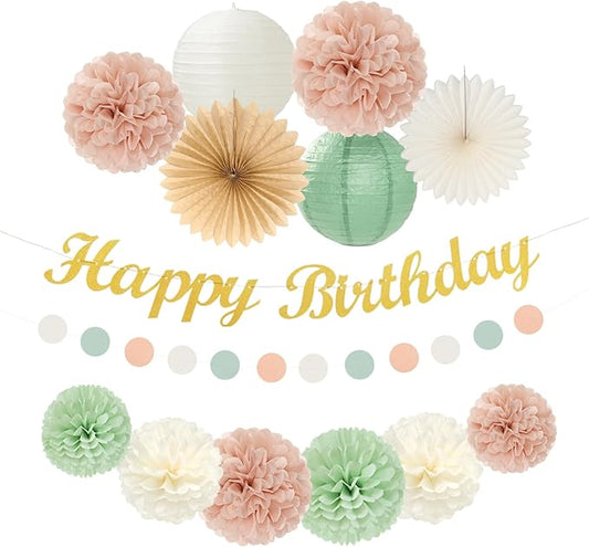 Sage-Green Blush-Pink Birthday Garland Party-Decorations - 14pcs Happy Banner 21st Spring Paper Flowers Lanterns Beige Tissue Pom Poms,Boho Streamers Fans,Neutral Rustic Hanging Supplies Decor Hugfond-Ruum Studio Home