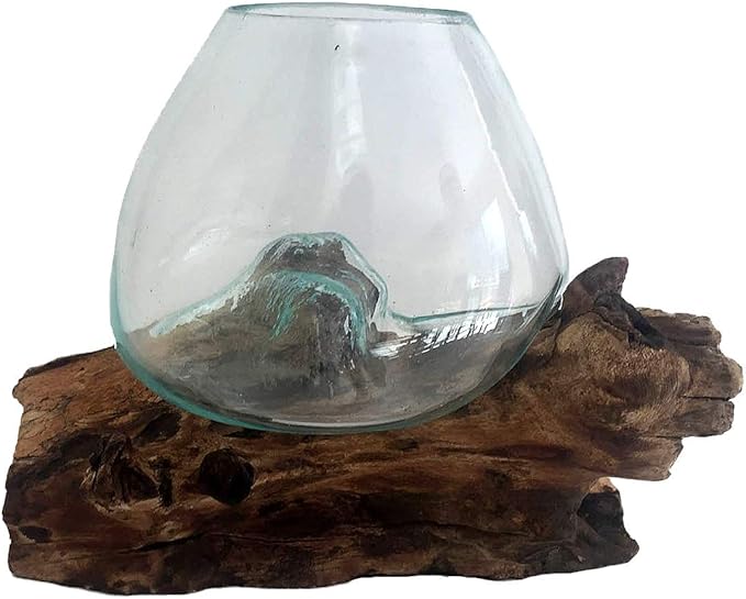 Hand Blown Molten Glass & Teak Wood Terrarium/Vase/Fish Bowl - Premium Quality (7" - 9" High)-Ruum Studio Home