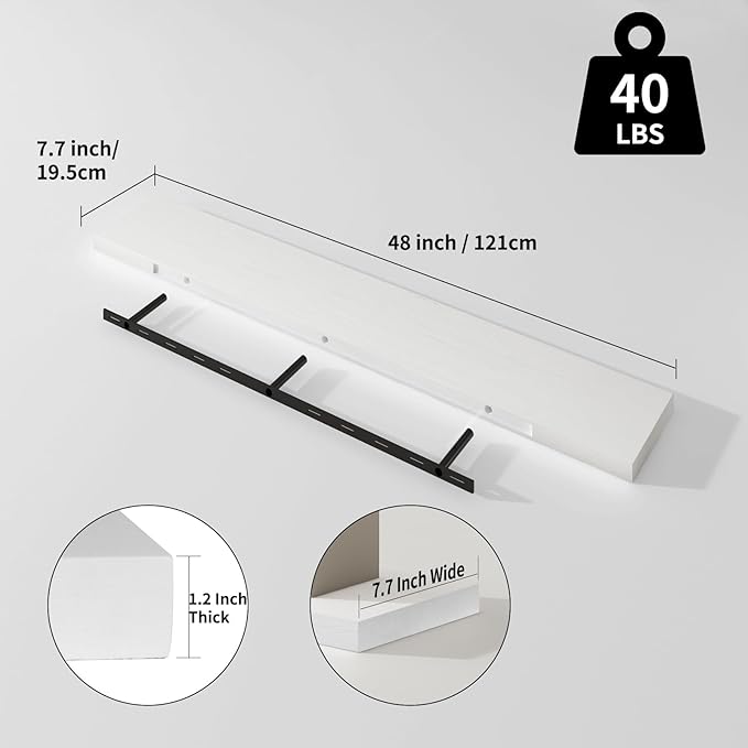 SAUMONIERES Floating Shelves 8 Inch Deep Solid Wood Wide Wall Shelf Set of 1 Wall Mounted for Bedroom Bathroom Living Room Kitchen, 48 Inch White-Ruum Studio Home