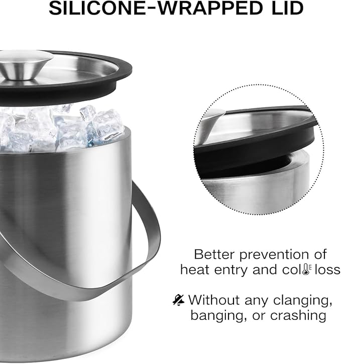 3L Double Wall Ice Bucket with Silicone Lid, Tongs & Scoop Insulated Ice Buckets for Parties & Cocktail Bar,[Silicone Lid for Longer Ice] Large Wine Bar Bucket Stainless Champagne Chiller-Ruum Studio Home