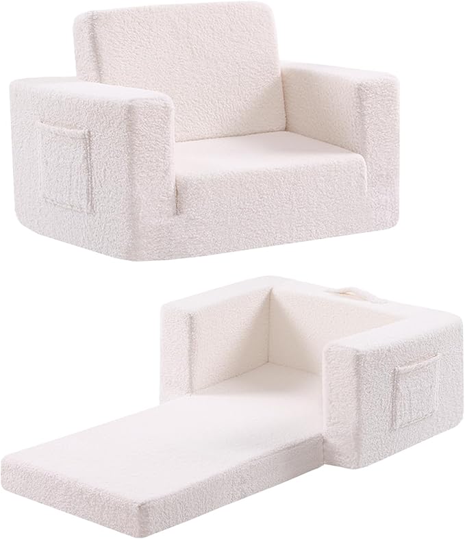 Toddler Chair Sherpa Kids Couch, 2-in-1 Soft Kids Sofa Lounger for Bedroom, Convertible Couch for Girls and Boys, Reading Chair, Beige-Ruum Studio Home