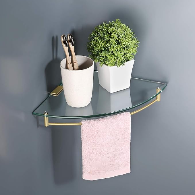 KES Glass Corner Shelf Bathroom Shelf Tempered Glass with Rail SUS 304 Stainless Steel Floating Wall Mount Bracket Brushed Gold, BGS2101A-BZ-Ruum Studio Home