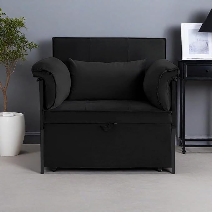 Pull Out Sofa Bed, Convertible Sleeper Chair Bed with Lumbar Pillow, 3-in-1 Sofa Chair with 3 Adjustable Backrest, Armchair Sleeper Small Couch for Small Spaces Living Room Black-Ruum Studio Home