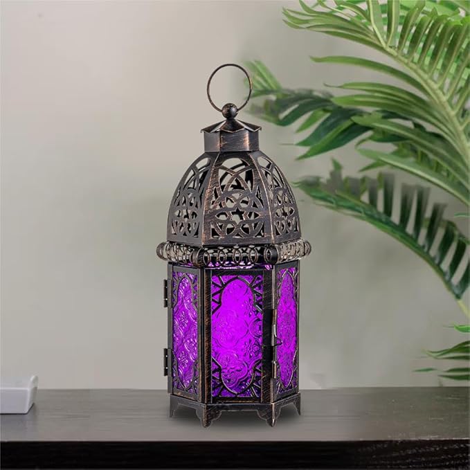 NEEDOMO Moroccan Candle Lantern, 12.8'' Hanging Lanterns Decorative Indoor Outdoor, Vintage Candle Holder for Chritsmas, Halloween, Table, Patio, Porch, Shelf, Gothic Home Decor (Purple)-Ruum Studio Home