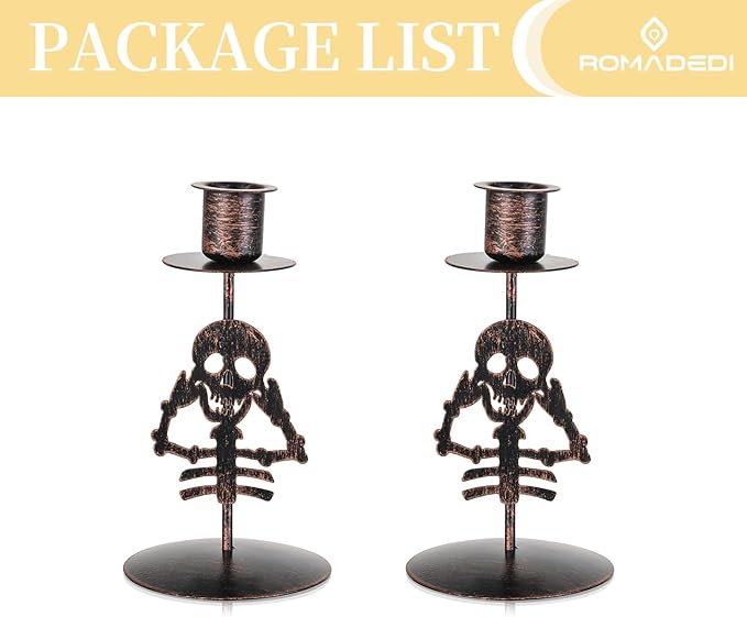 Romadedi Candle Holder for Halloween Decor: Set of 2 Black Gothic Skull Taper Candlestick Table Centerpiece Decorations Spooky Party Dinning Room Home Indoor-Ruum Studio Home