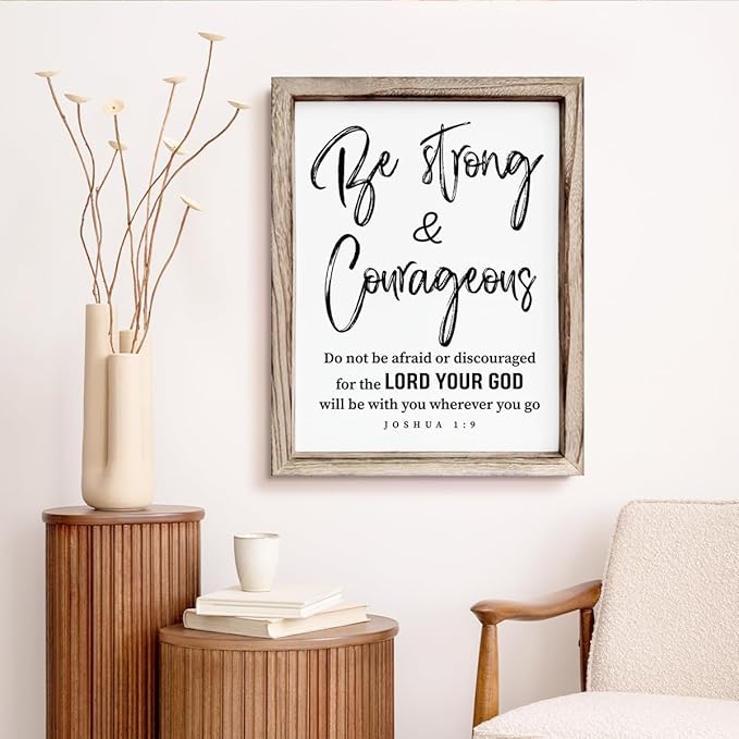 Inspirational Wood Signs, Christian Wooden Wall Plaque, Religious Home Decor, Bible Verse Decor Art, Framed Wall Plaque Sign 15 * 11.5 inches, Be Strong and Courageous Sign-Ruum Studio Home