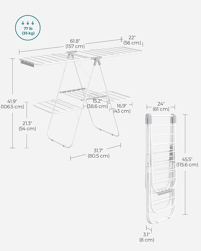 SONGMICS Clothes Drying Rack, Foldable 2-Level Laundry Drying Rack, Free-Standing Laundry Airer, with Height-Adjustable Wings, 33 Drying Rails, Sock Clips, White and Gray ULLR053G01V1-Ruum Studio Home
