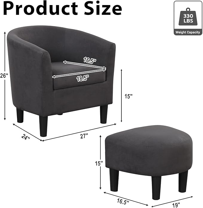 INZOY Modern Accent Chair with Ottoman for Small Space, Club Chair with Ottoman Set, Comfy Fabric Barrel Reading Chairs for Living Room Bedroom, Round Reading Chair with Foot Rest, Dark Grey-Ruum Studio Home