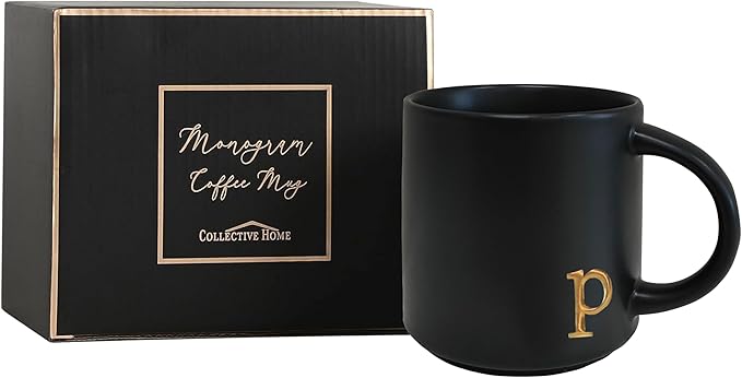 COLLECTIVE HOME - Black Monogram Ceramic Mugs, 15 oz Golden Initial Coffee Cups, Elegant Alphabet Tea Mugs, Personalized Halloween Mug with Gift Box, Perfect for Office and Home Décor (p)-Ruum Studio Home