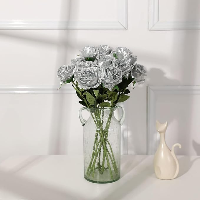 Silver Fake Roses Artificial Flowers - 10 Pcs Fake Artificial Roses Silk Flowers with Stems for Home Wedding Hotel Office Centerpiece Decor-Ruum Studio Home