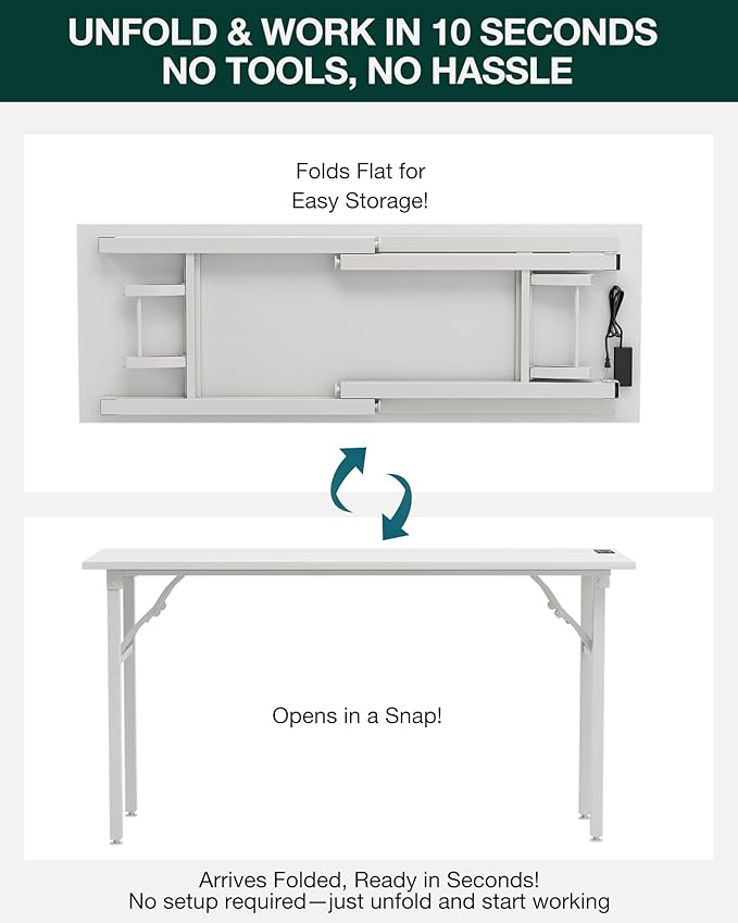 Frylr Small Folding Computer Desk – 55.1 Inch Portable Table for Craft and Study, Lightweight Desk for Small Spaces, Foldable Laptop Table Built-in AC/USB Outlets for Convenience, White-Ruum Studio Home