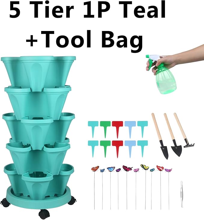 Vertical Planter, 5 Tier Stackable Strawberry Planter with Garden Tool Set, Movable Indoor/Outdoor Garden Herb Pot for Growing Vegetables and Succulents, Teal-Ruum Studio Home