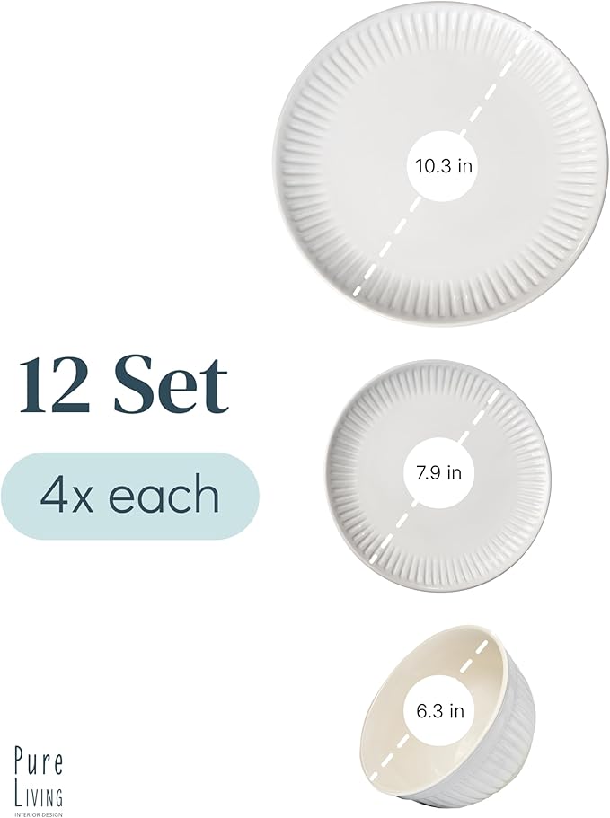 Stoneware Dinnerware Set for 4 People HYGGE 12-Piece - Elegant Scandi Design - Premium Dish Set - Bowl and Plate Set - Tableware for 4 People in a Ribbed Design - Pure Living in White-Ruum Studio Home