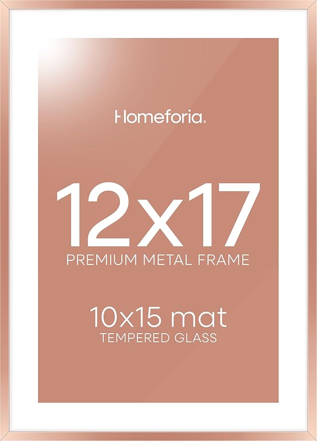 Homeforia 12x17 Picture Frame Rose Gold, High End Metal 12x17 Poster Frames with Mat 10x15 Photo, 12 x 17 Rose Gold Frame Matted to 10 by 15 Print, 17x12 Thin Frame, Tempered Glass, Wall Kit, Set of 1-Ruum Studio Home
