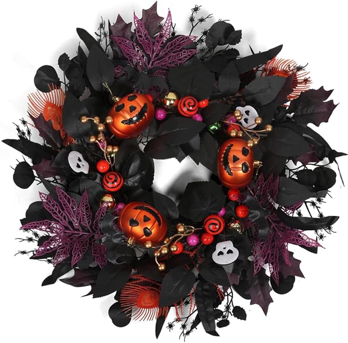 24" Glitter Halloween Wreath Outdoor - Sparkly Balls, Skulls, Bat, Skeleton, Pumpkin on Black Twig | Front Door Outside Goth Decor for Spooky Night-Ruum Studio Home