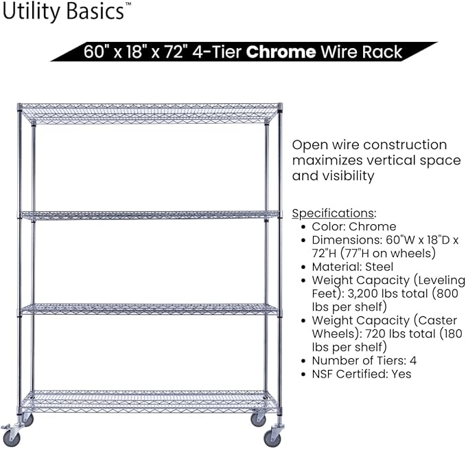 60"x18"x72" Chrome Premium Metal Steel Wire Shelving 4-Tier NSF 3200 LBS MAX Capacity Heavy Duty Storage Rack for Garages, Commercial Spaces, Hospitals, & Schools w/Premium Wheels-Ruum Studio Home