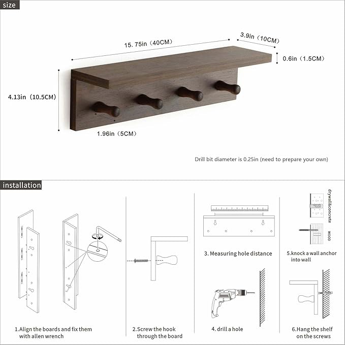 Entrance Coat Rack ，Coat Hooks, Wall-Mounted Wooden Hook Rack, Wall-Mounted Shelves are Very Suitable (Walnut Colored Finish-1)-Ruum Studio Home