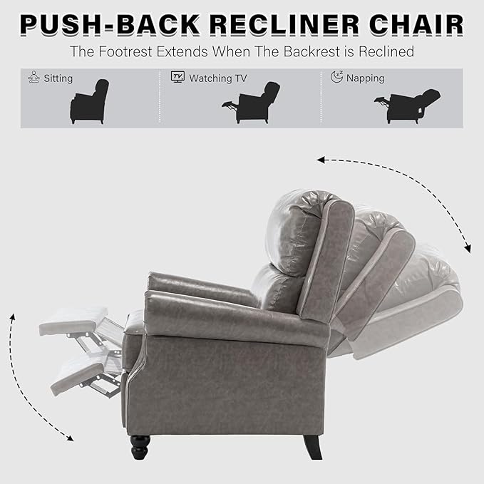UIXE Pushback Recliner Chairs Set of 2, Faux Leather Armchair Push Back Accent Chair for Living Room, Rivet Trim Club Arm Chair Overstuffed Home Theater Single Sofa Reading Seat with Footrest - Gray-Ruum Studio Home