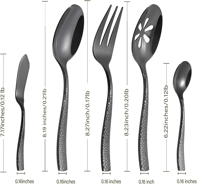 Stainless Steel Silverware Serving Set Hammered Black Mirror Finished 5 Piece Serving Utensil Set Flatware Set-Ruum Studio Home