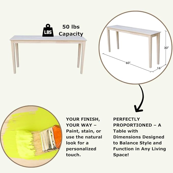 IC International Concepts Extended Length Shaker Console Table, 60" W x 16" D x 30" H Real/Solid Parawood, Kitchen/Dining, 50 Lbs. Wt. Capacity, DIY, Paint/Stain In Any Color, Unfinished-Ruum Studio Home