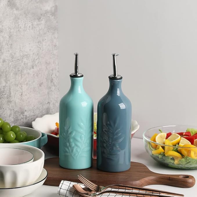 Sweejar Ceramic Olive Oil Dispenser Bottle, 20 Oz Relief Design EVOO Oil and Vinegar Dispensing Bottle with Spout for Kitchen, Set of 1 (Turquoise)-Ruum Studio Home