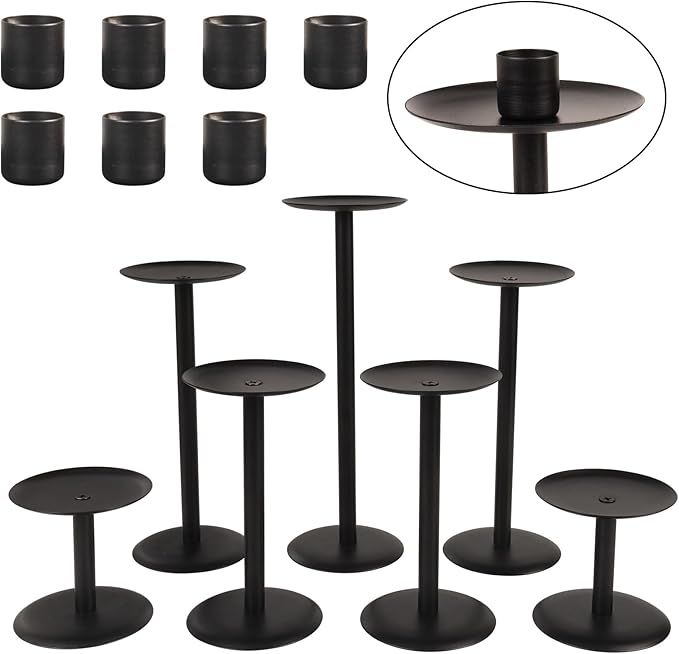 Set of 7 Metal Black Candle Holders, Assemblable Pillar and Taper Candlesticks, Halloween Fall Thanksgiving Day Dining Table Centerpieces Decor, Mantle Fireplace Candle Sticks Decorations-Ruum Studio Home