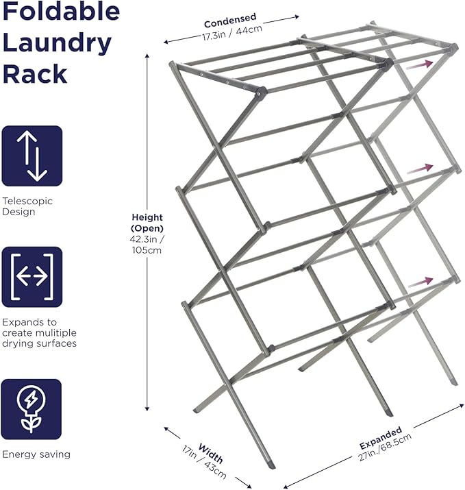 BLACK+DECKER 3 Tier Expandable Collapsing Foldable Laundry Rack for Air Drying Clothing, Space Saving Heavy Duty Lightweight Metal Drying Rack(Silver)-Ruum Studio Home